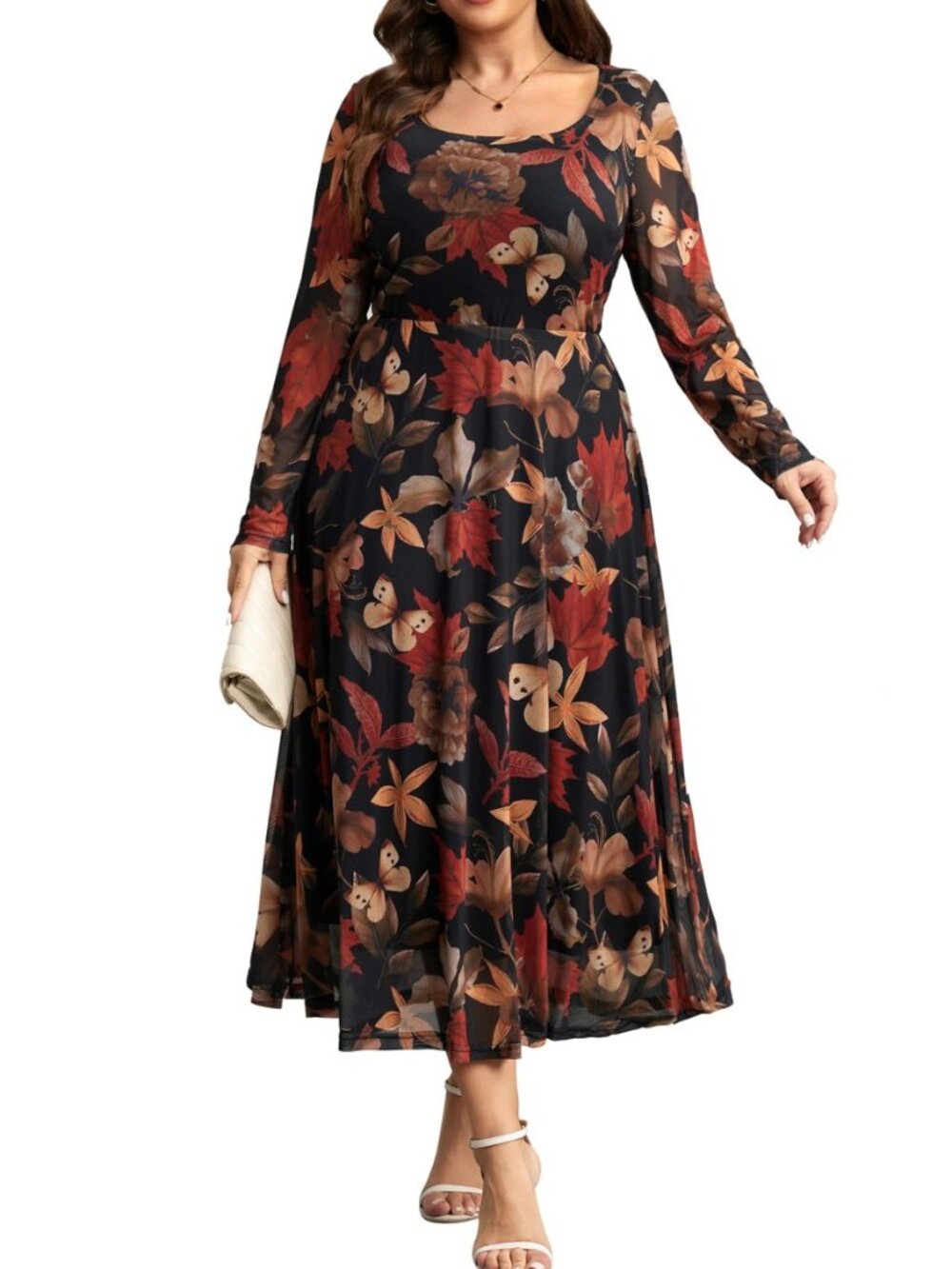 Plus Size Floral Maxi Dress 2026 Fall Long Sleeve Wedding Guest Dresses